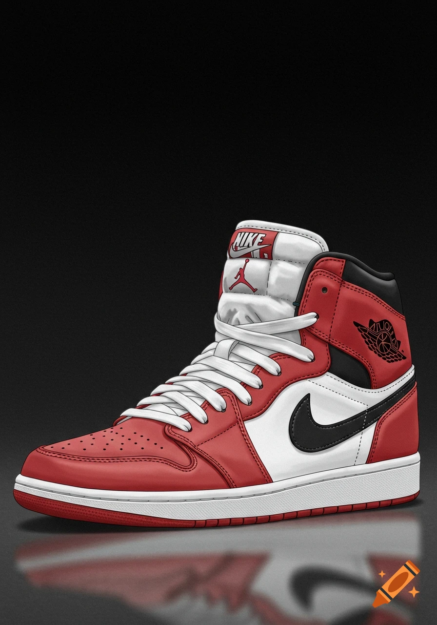 Stylized illustration of a red, white, and black high-top sneaker.