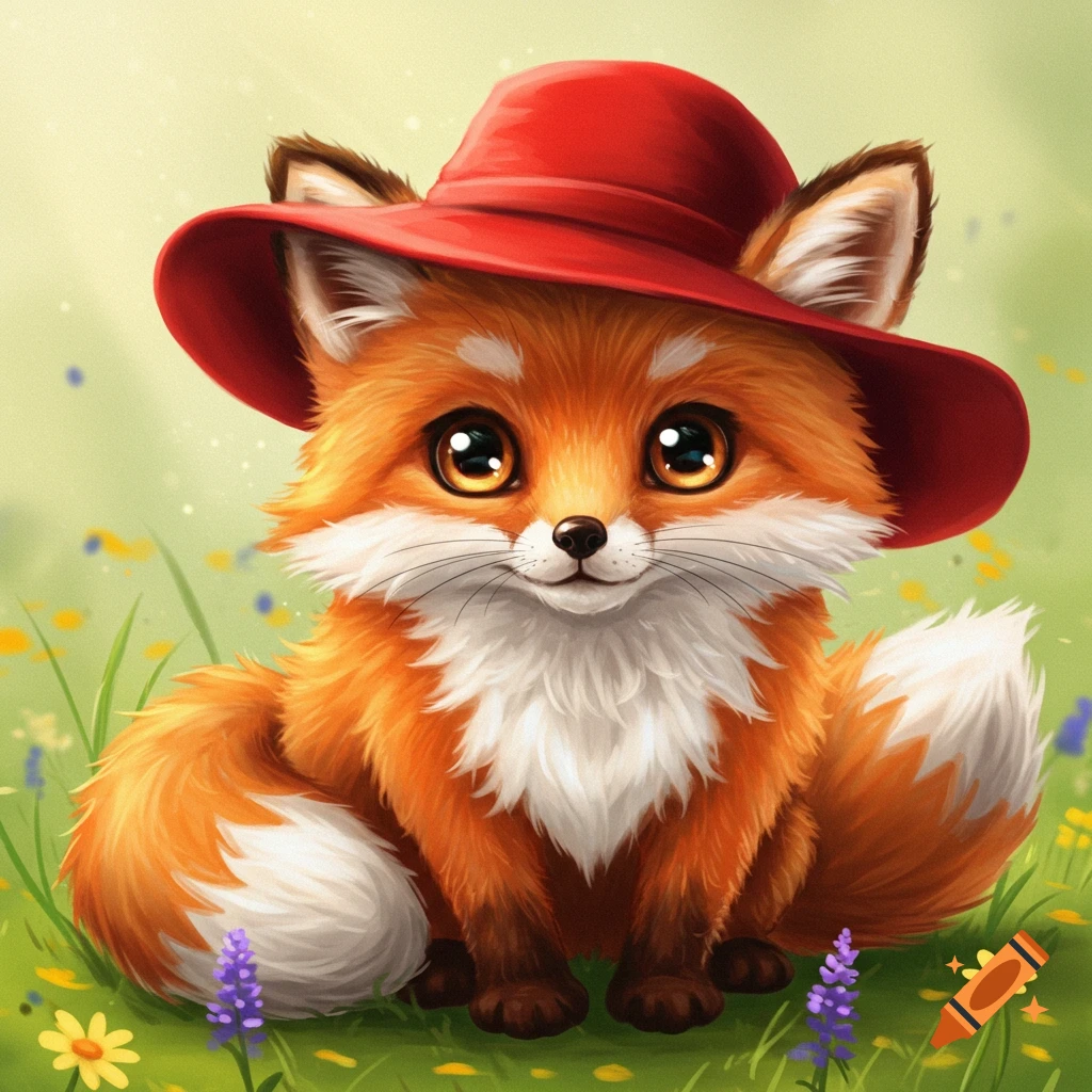Cute illustration of a fox wearing a red hat, sitting in a field of flowers.