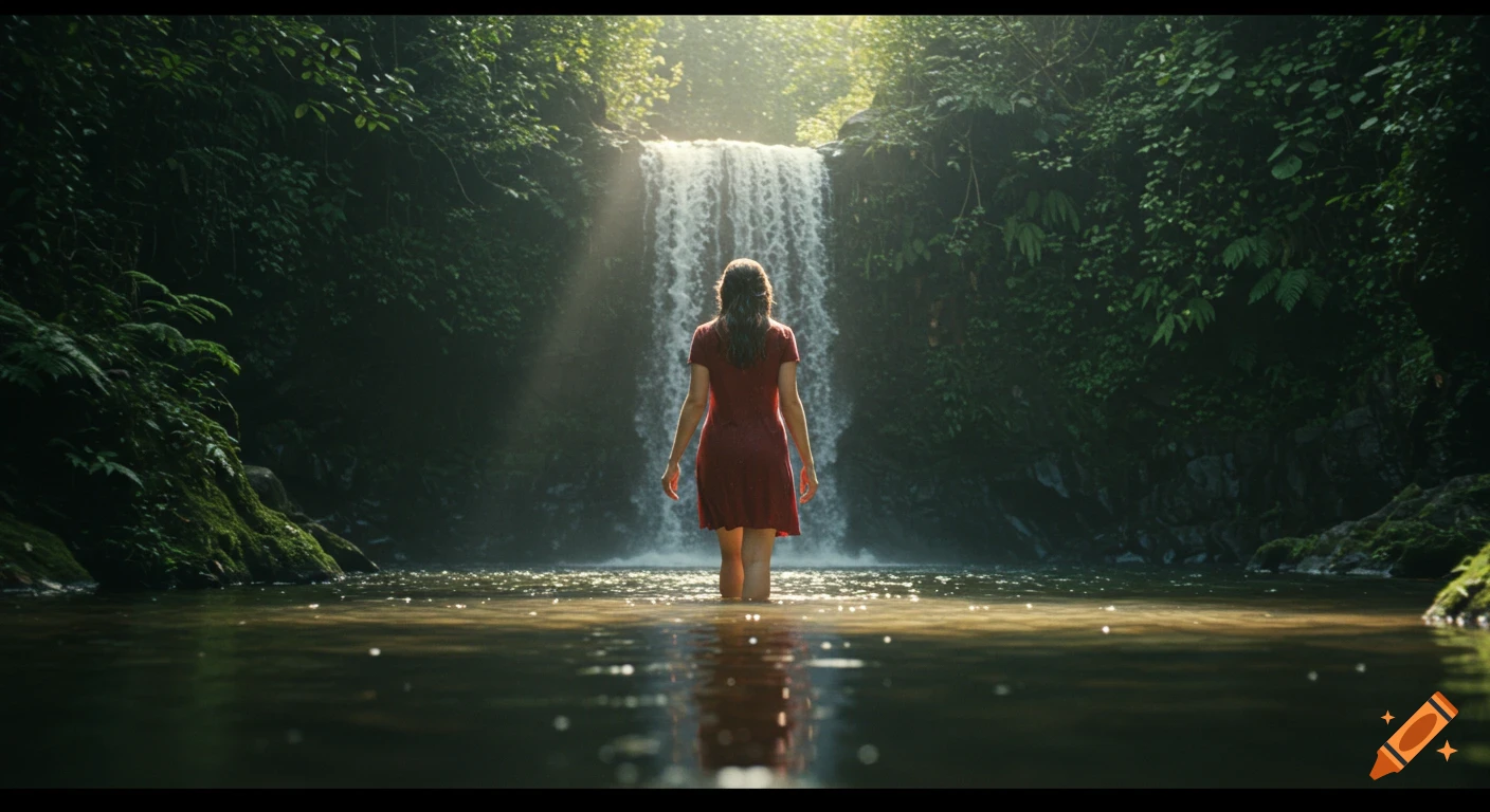 Woman in red dress stands in shallow water before a waterfall in a sunny rainforest.