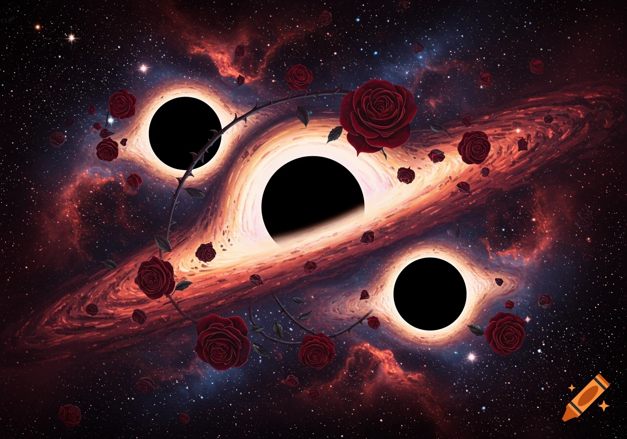 Multiple black holes in a swirling galaxy surrounded by red roses.