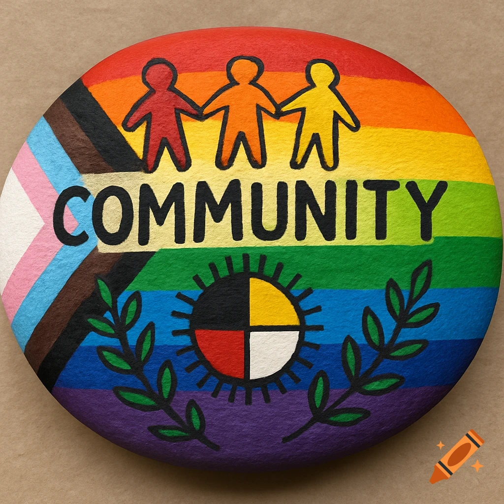 Painted rock with Pride flag, Indigenous symbols, and 'COMMUNITY' text