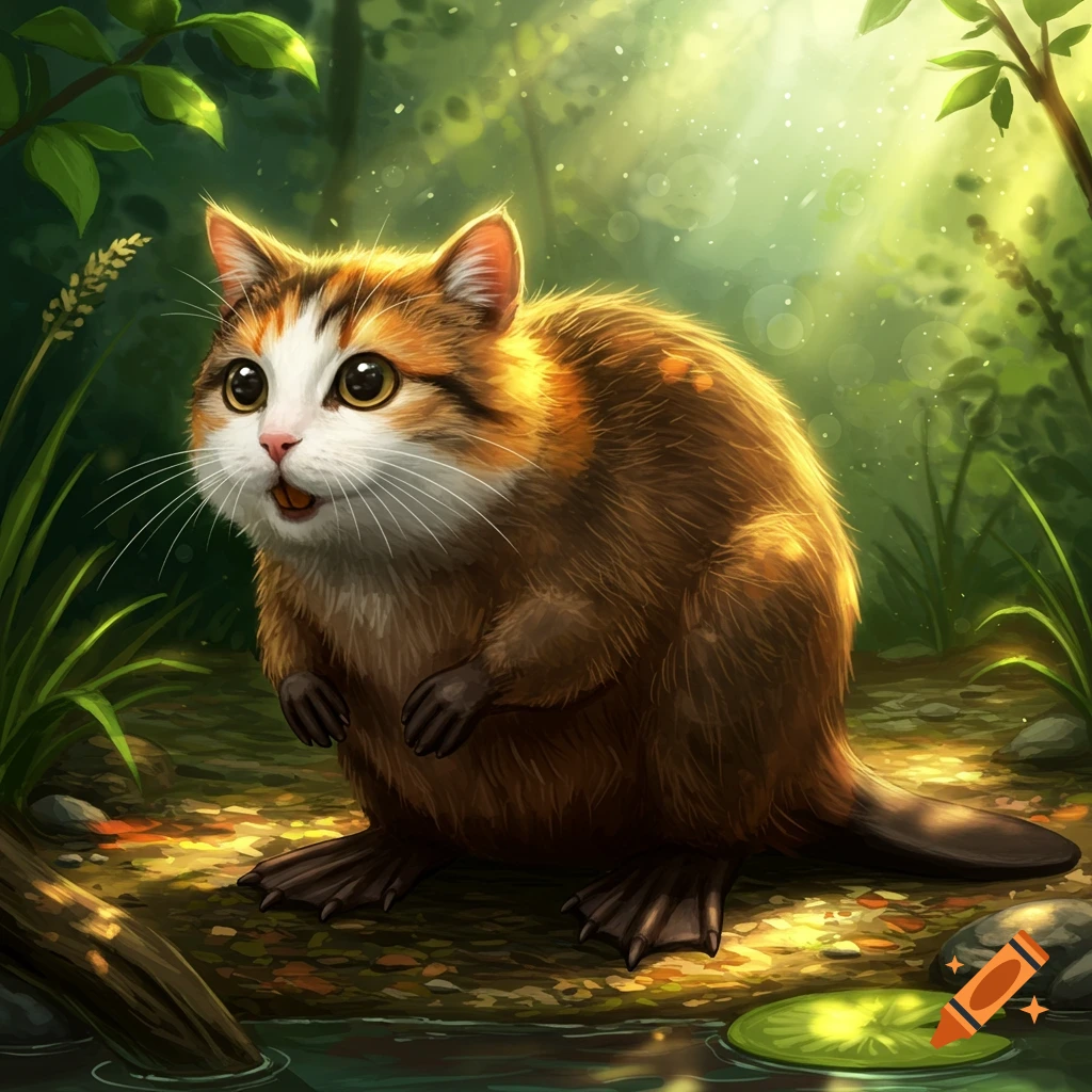 Cute cat-beaver hybrid sitting in a sunlit forest clearing by the water, digital art.
