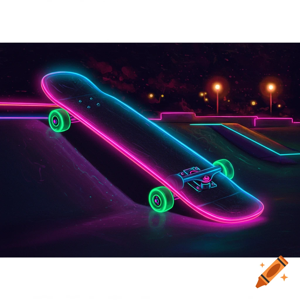 Neon-outlined skateboard with green wheels in a dark, neon-lit skatepark.