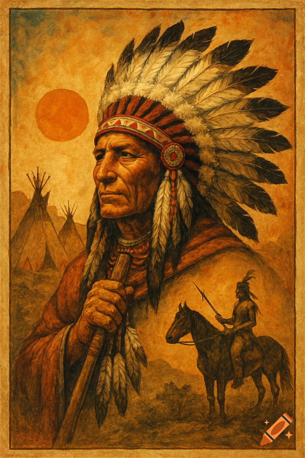 Portrait of a Native American man in a feathered headdress, with tipis and a horse rider in the background, in a textured painting style.