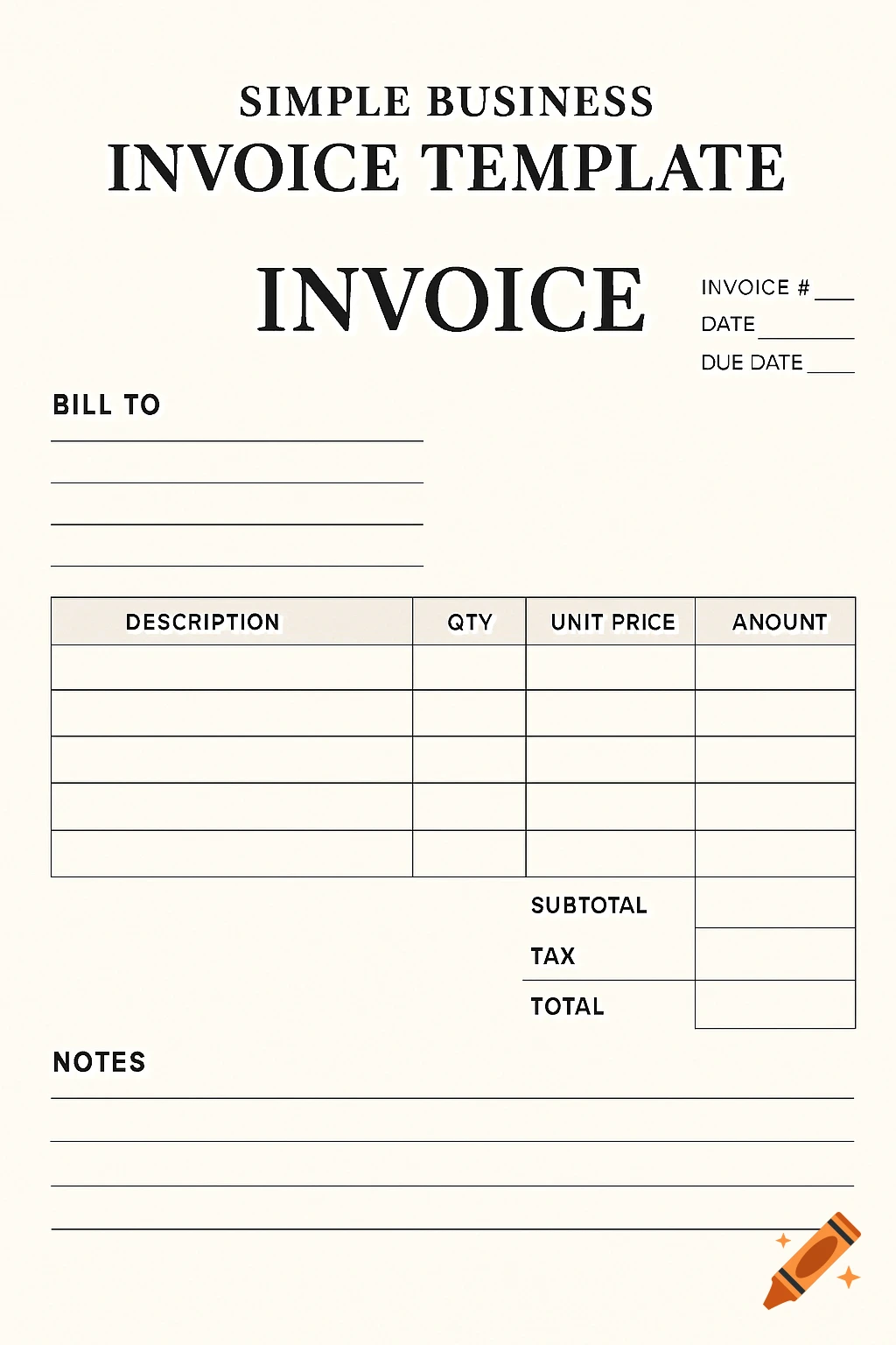 A clean, simple business invoice template with fields for details, items, and totals.