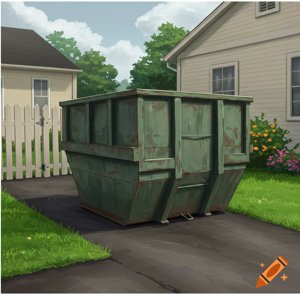 Illustration of a green dumpster in a suburban driveway.
