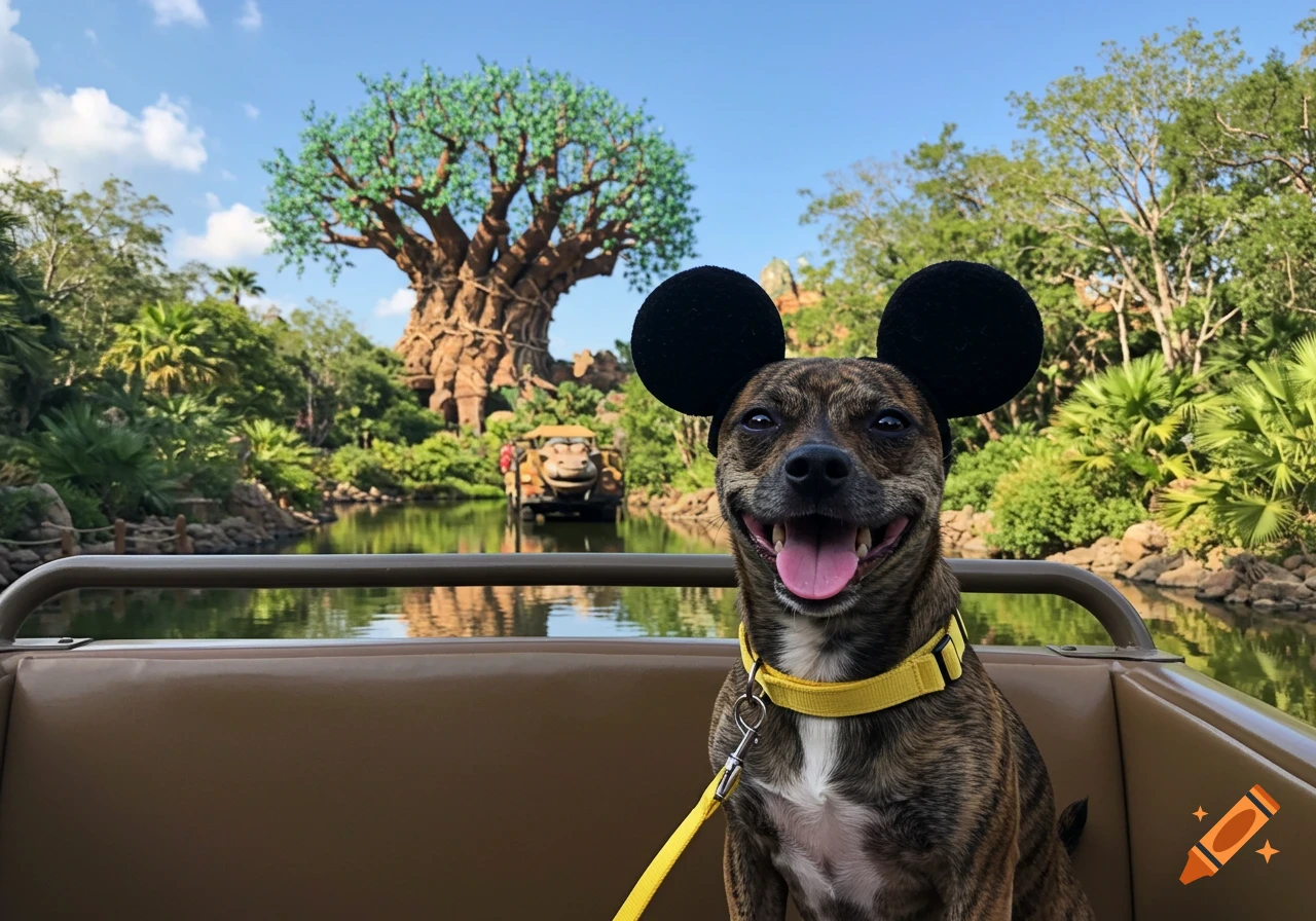 A brindle dog with Mickey Mouse ears sits in a safari boat with the Tree of Life in the background.