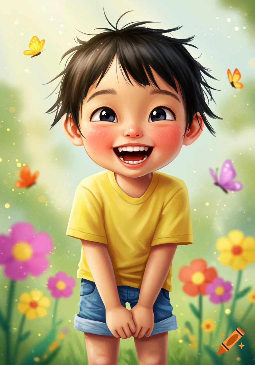 A happy child smiles in a garden with butterflies, illustration style.