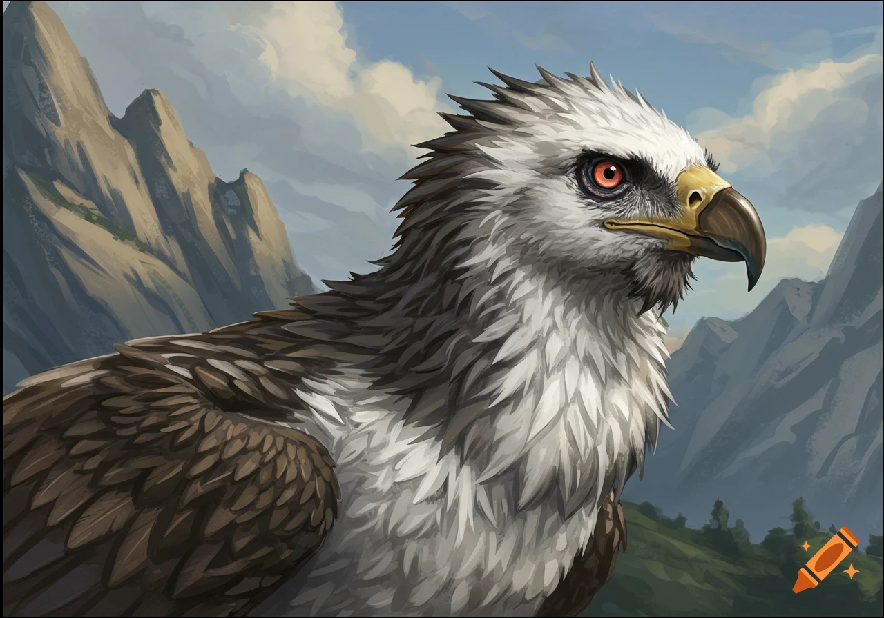 Close-up portrait of a fantasy bird creature with white and brown feathers against mountains