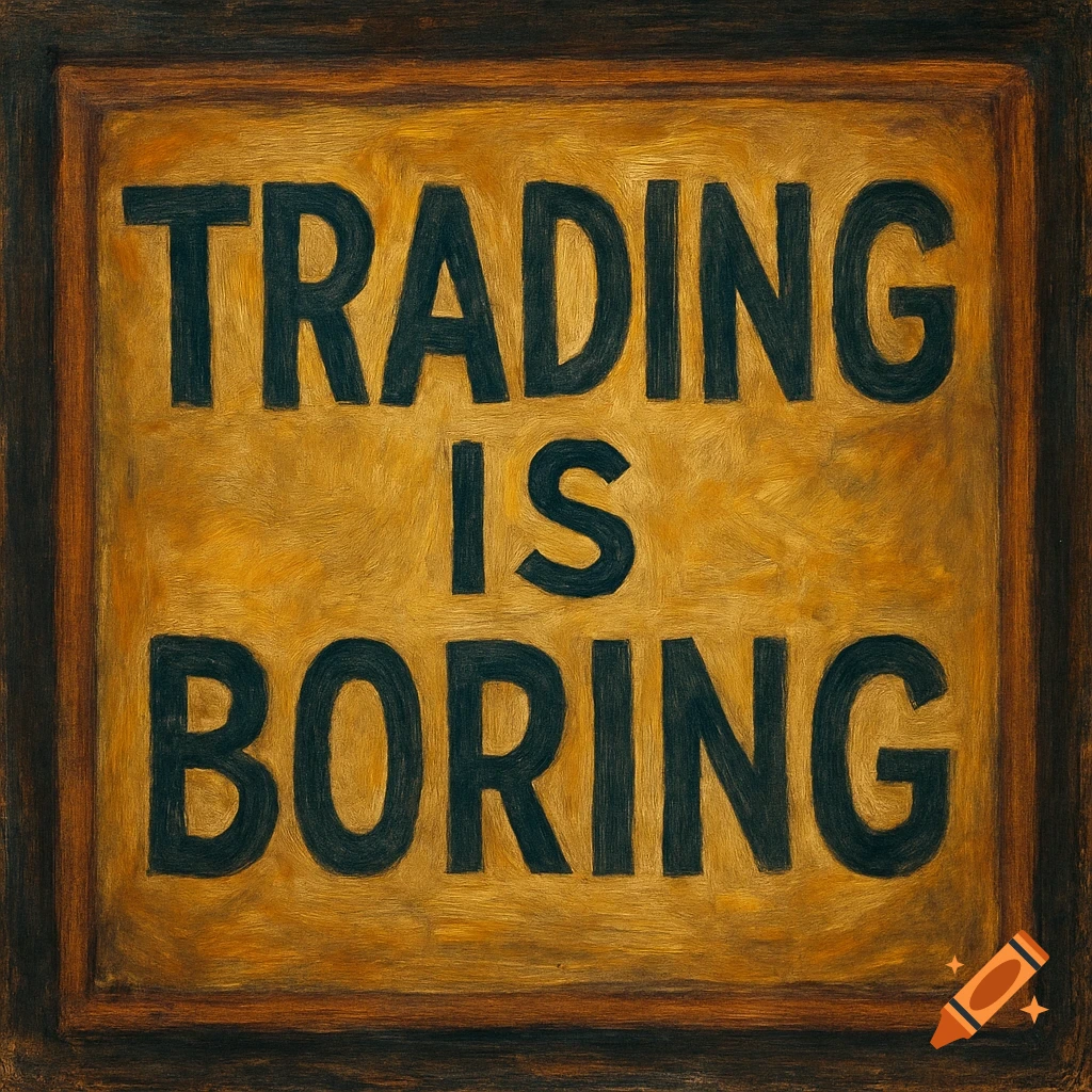 A painting of a sign that says 'Trading is Boring'.