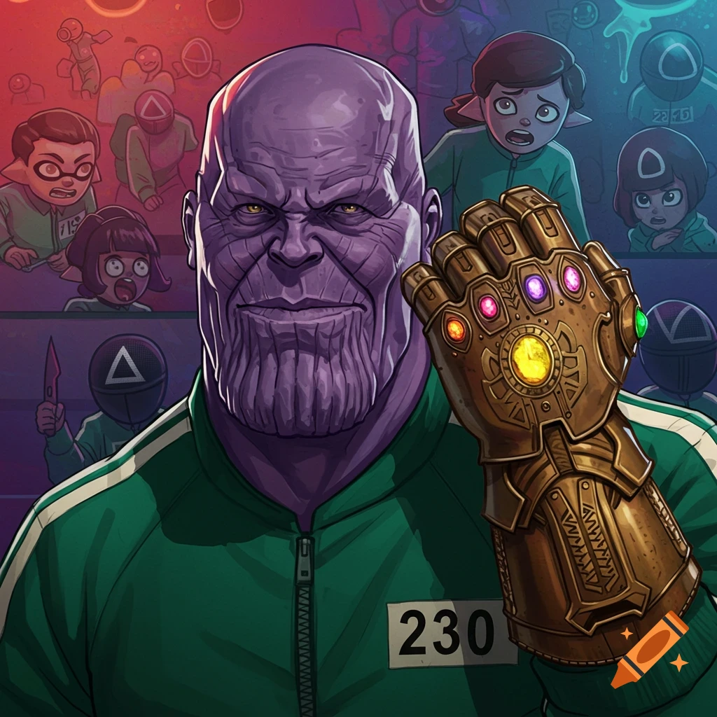 Illustration of Thanos in a green tracksuit with the Infinity Gauntlet, standing in a Squid Game scene.
