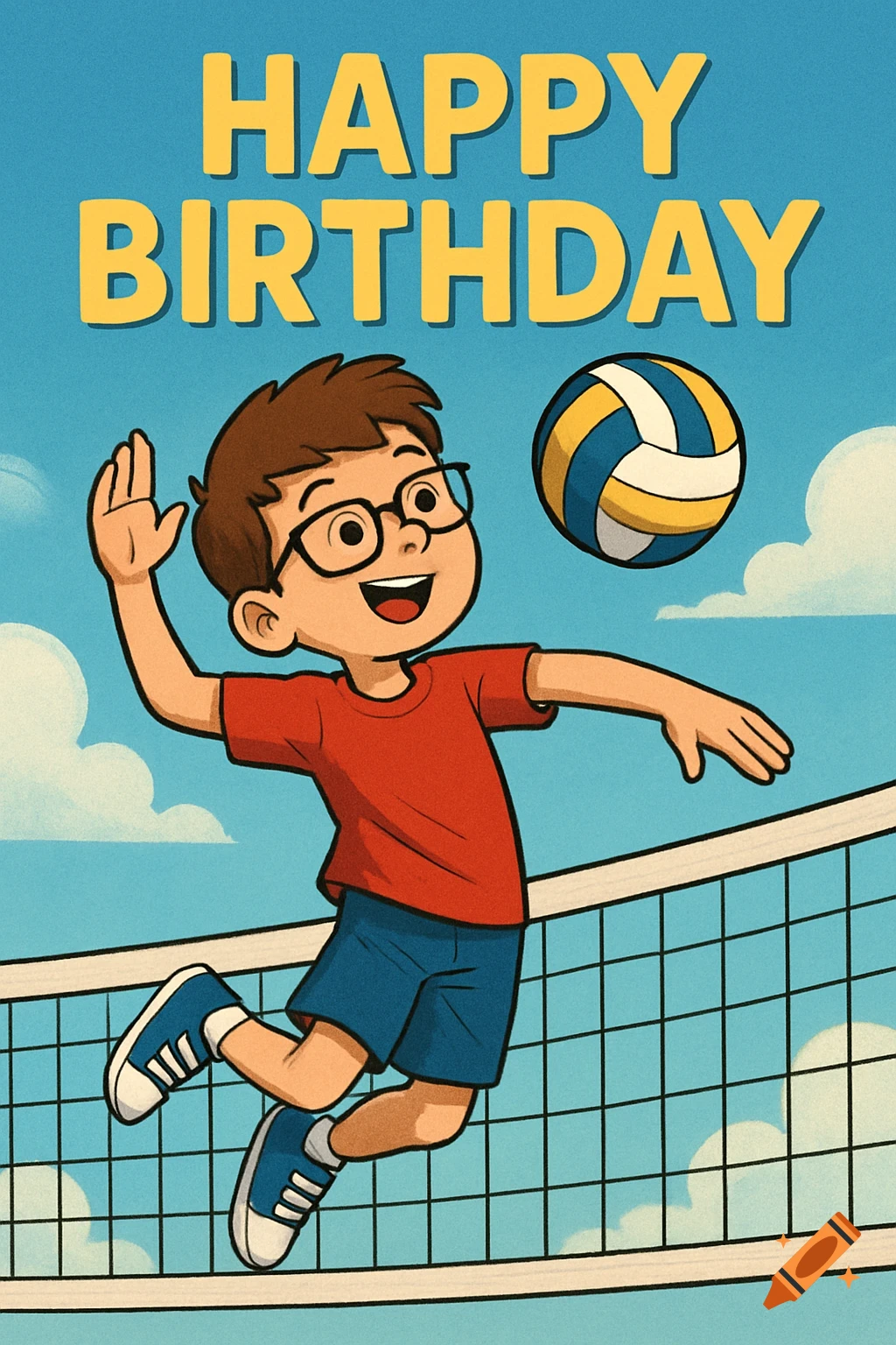 Cartoon boy playing volleyball with 'Happy Birthday' text