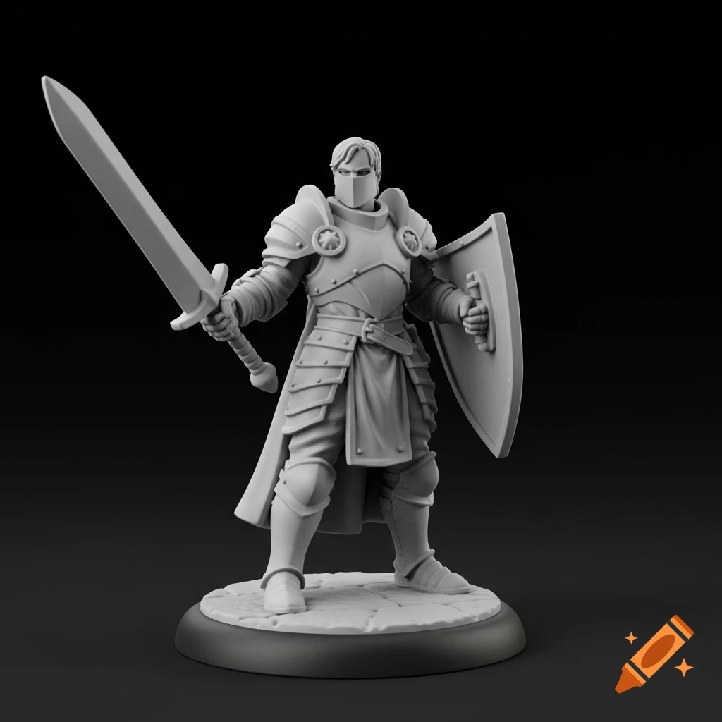 A grey 3D model of a knight in plate armor holding a sword and shield on a circular base.