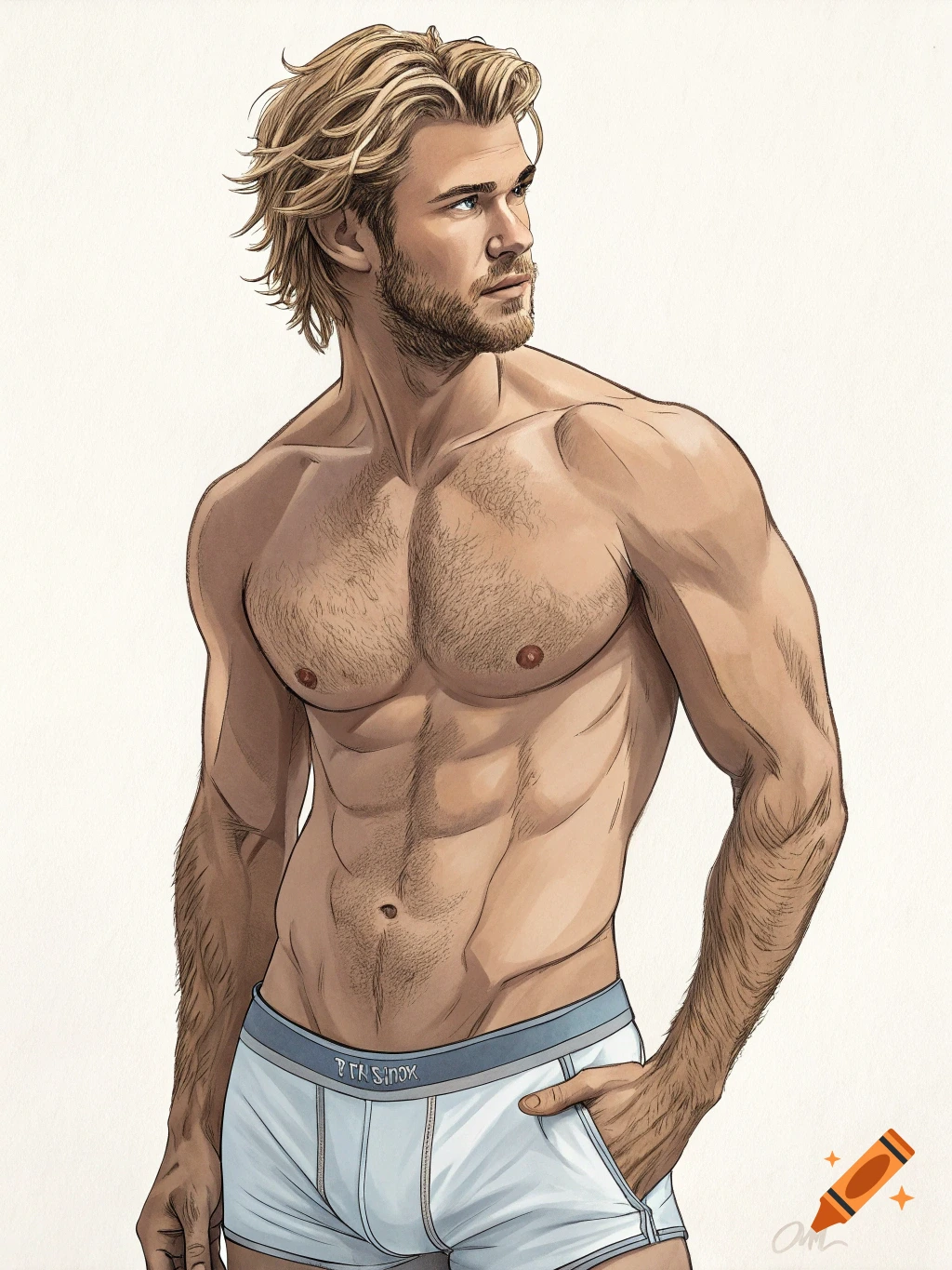 Illustration of a muscular man with blonde hair and beard, wearing white underwear and looking to the side.