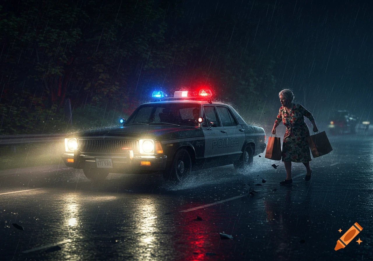 A grandmother with shopping bags on a rainy road next to a police car at night.