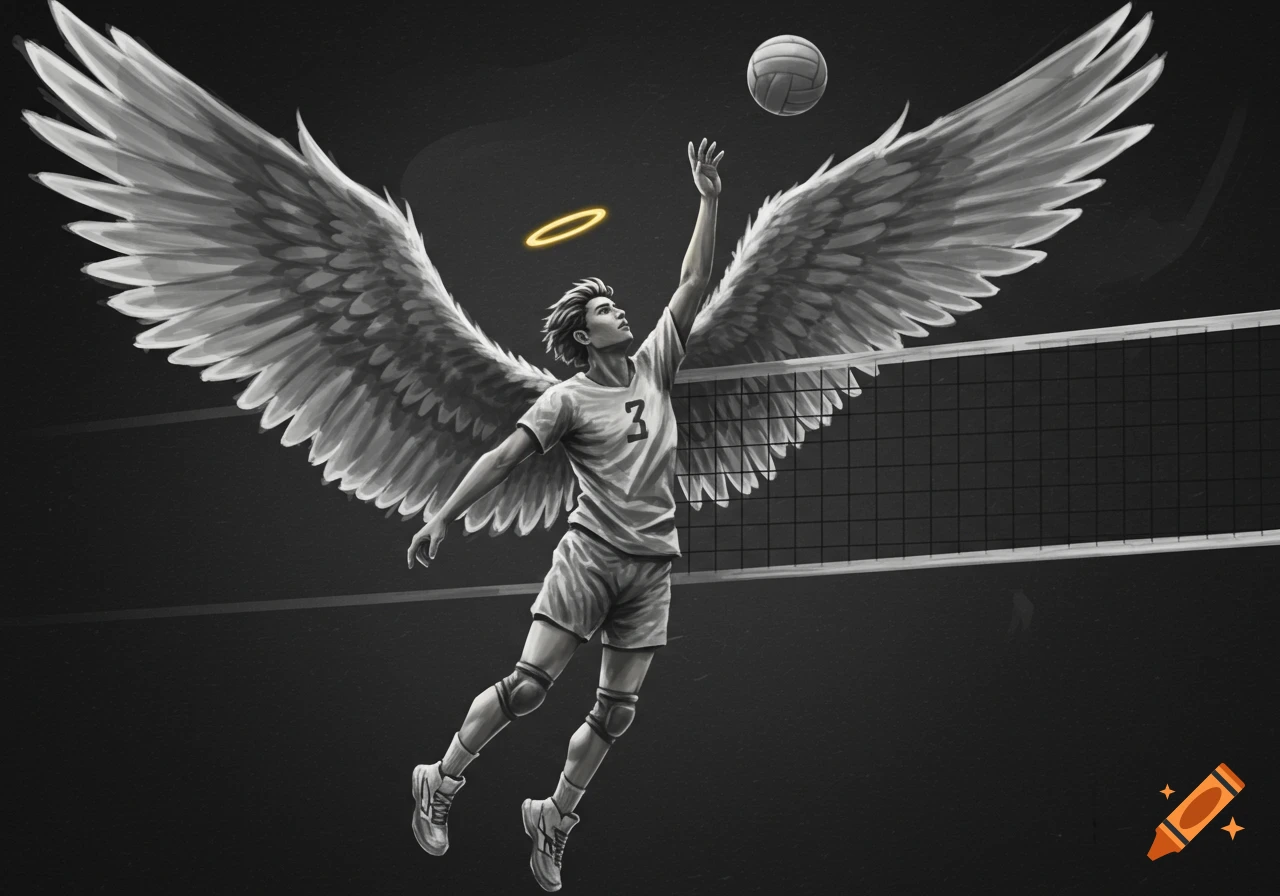 Black and white illustration of an angel with large wings playing volleyball, spiking the ball over a net.