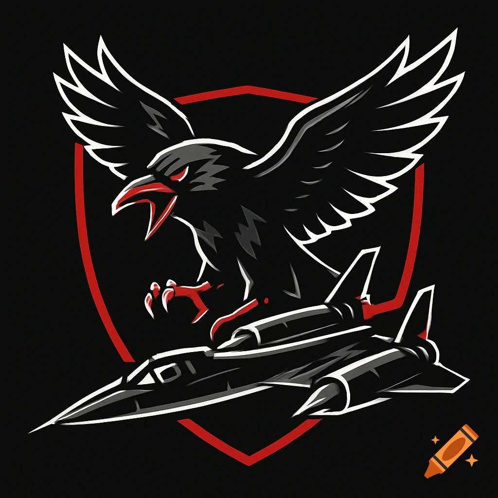 A stylized black bird of prey with red eyes and beak is perched on a black SR-71 Blackbird jet, set against a red shield outline on a black background. Esports logo style.
