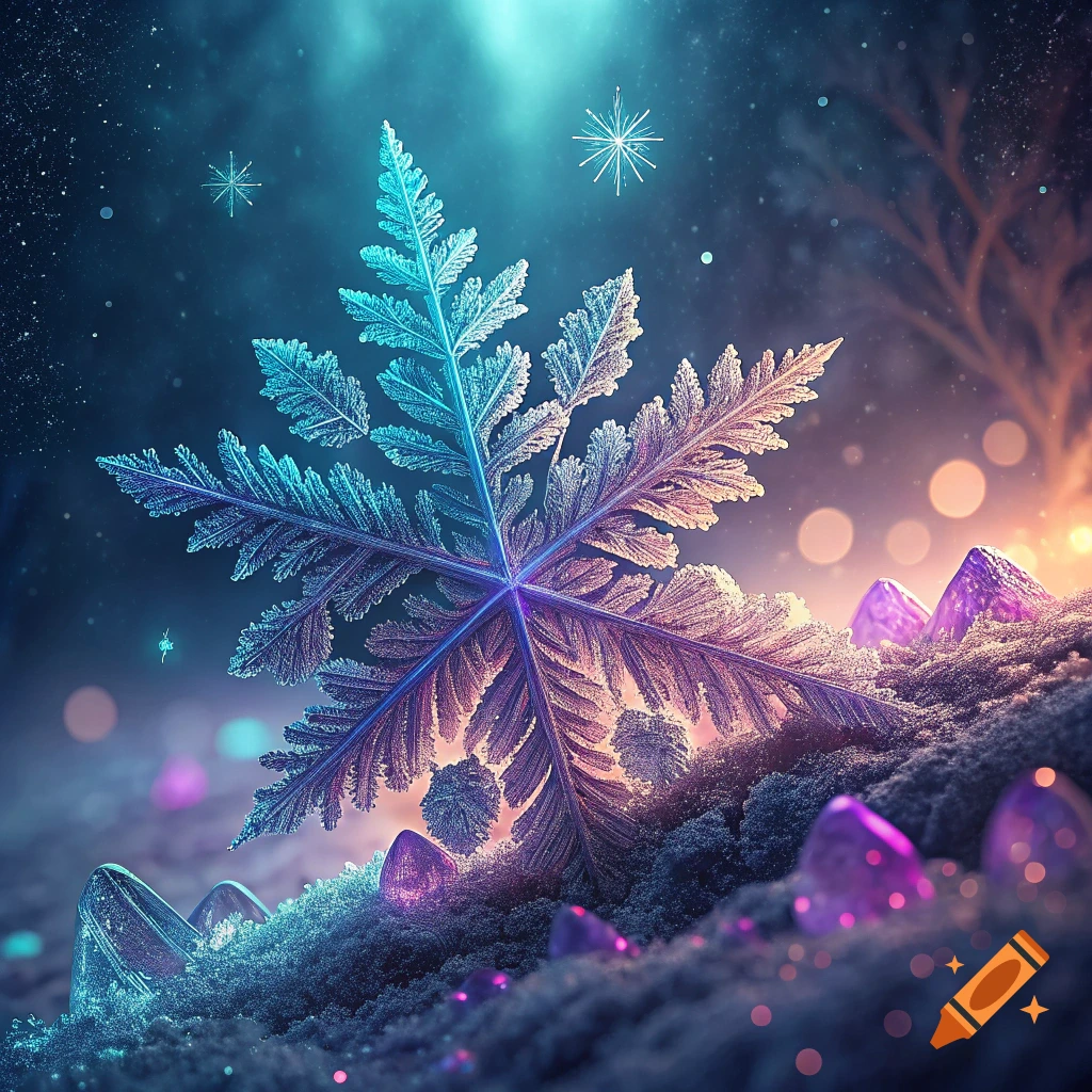 A close-up of a detailed, glowing snowflake or ice crystal surrounded by purple gems and snow under a starry sky.