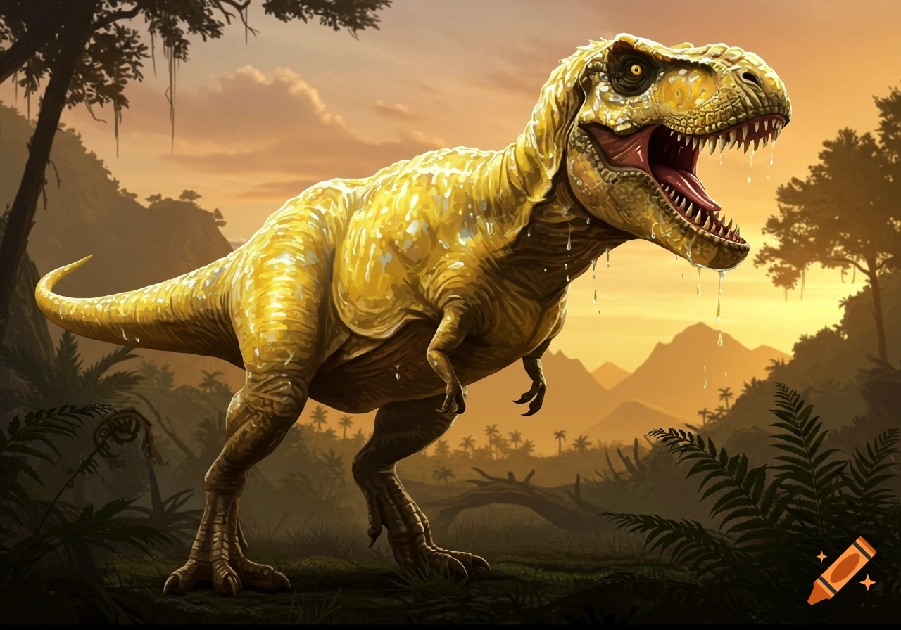 A golden T-Rex covered in oil or slime stands in a prehistoric jungle at sunset.