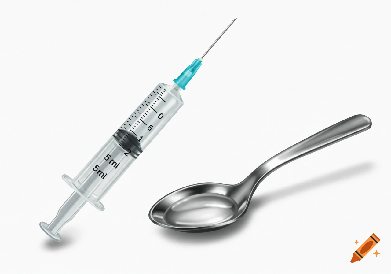 A syringe filled with liquid sits next to a metal spoon.