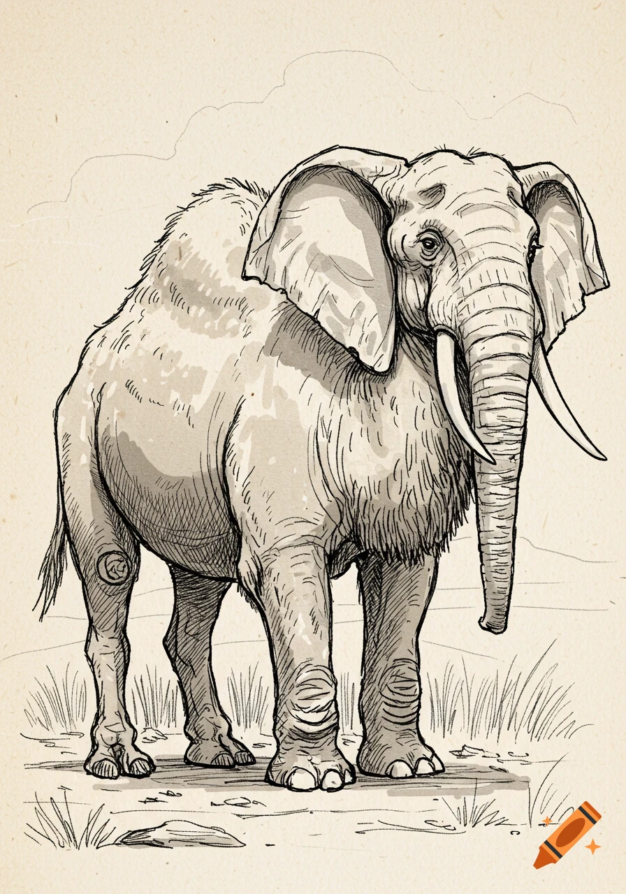 A detailed sketch of a hybrid creature combining features of an elephant and a camel, standing in a field.