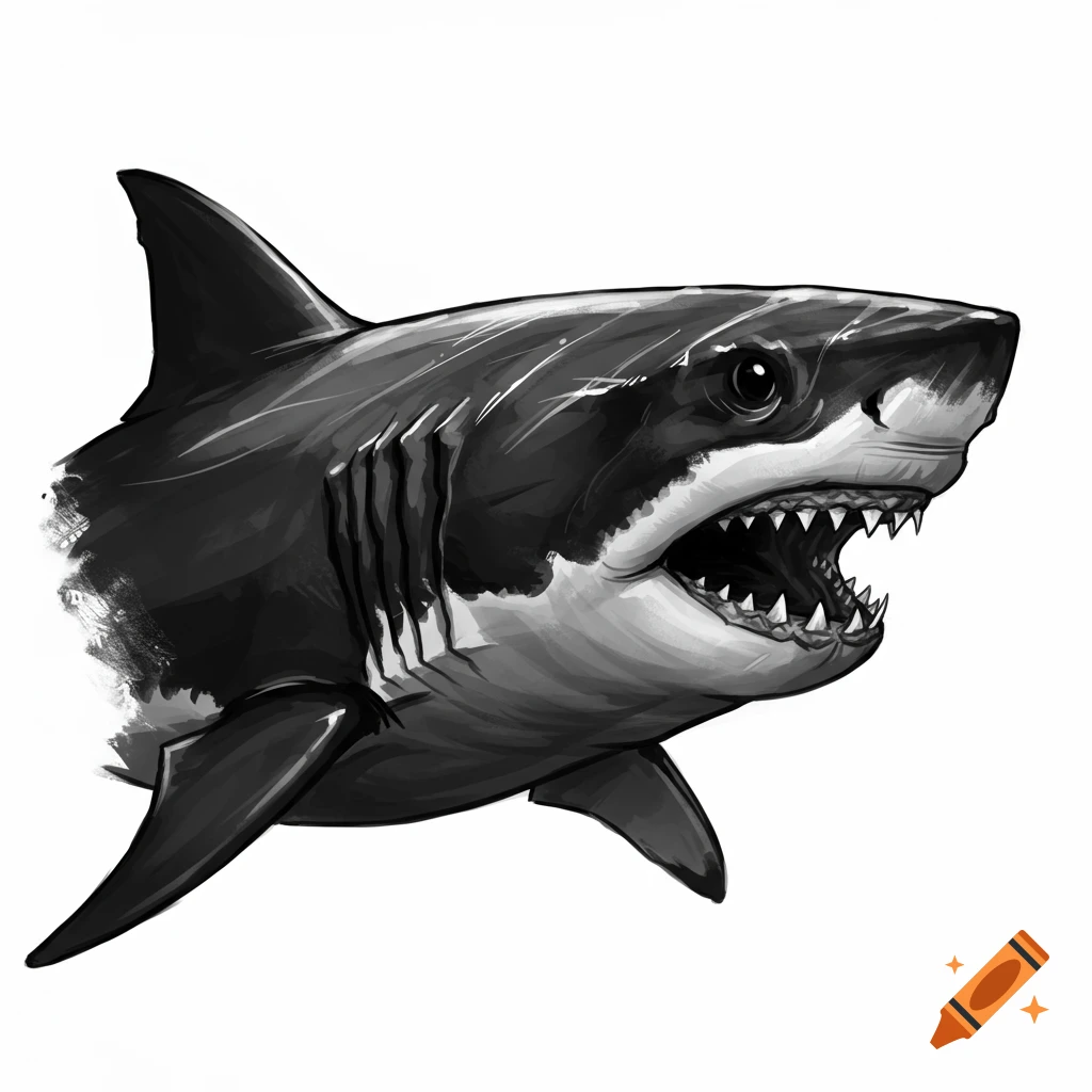 Black and white illustration of a shark swimming with its mouth open