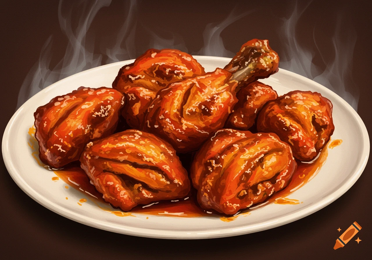Illustration of spicy chicken wings on a plate.