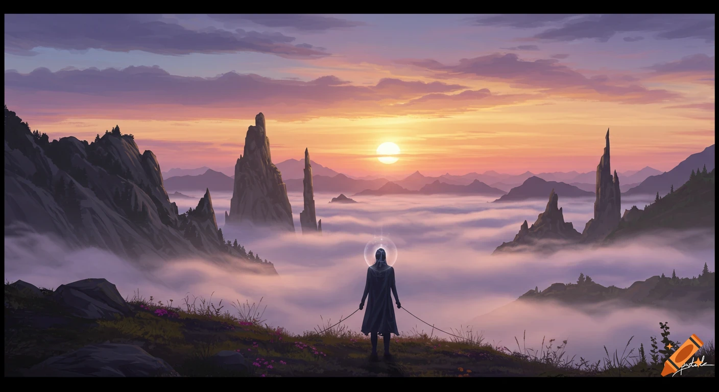 Figure looks over foggy mountain landscape at sunset, fantasy art