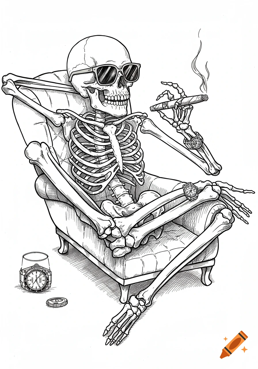 Line drawing of a skeleton with sunglasses lounging in a chair, smoking a cigar, wearing watches, with a drink nearby.