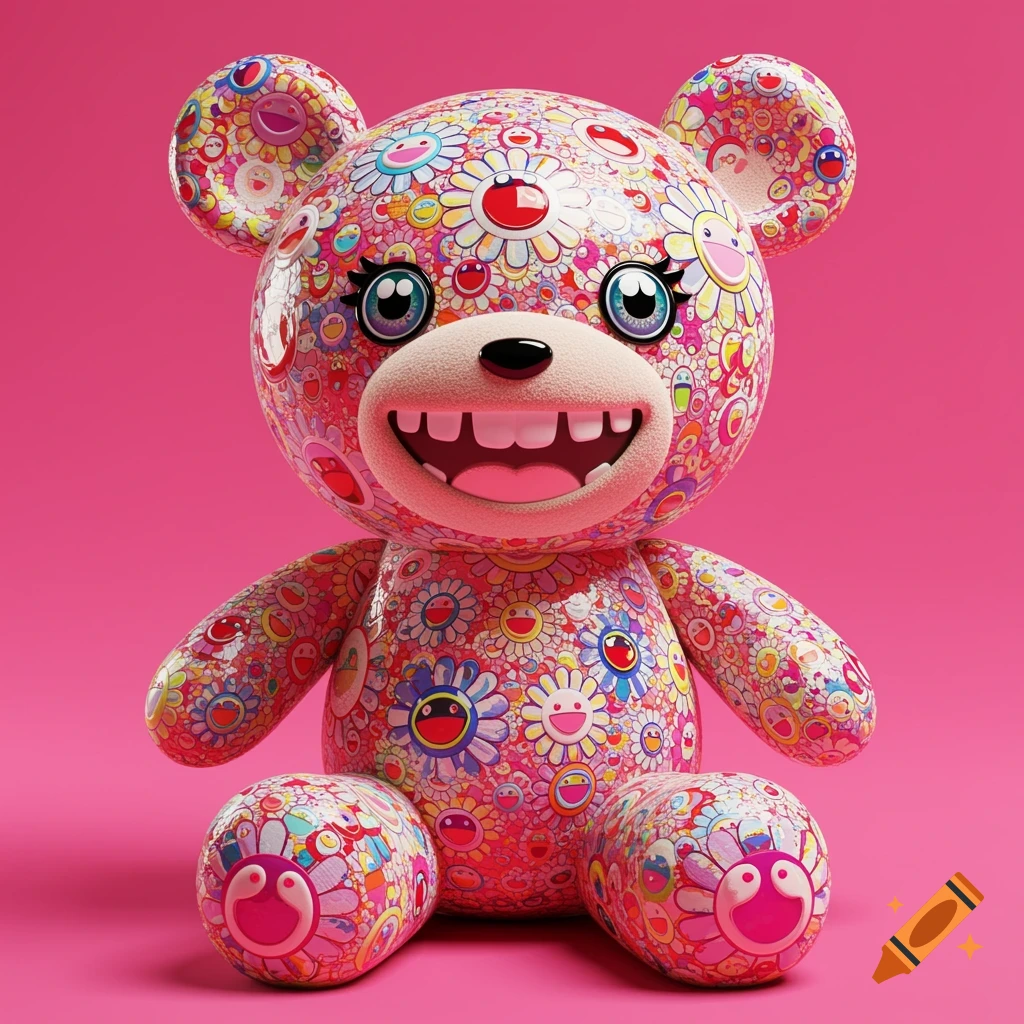 A 3D render of a teddy bear covered in colorful smiley-face flowers against a pink background, in the style of Takashi Murakami.