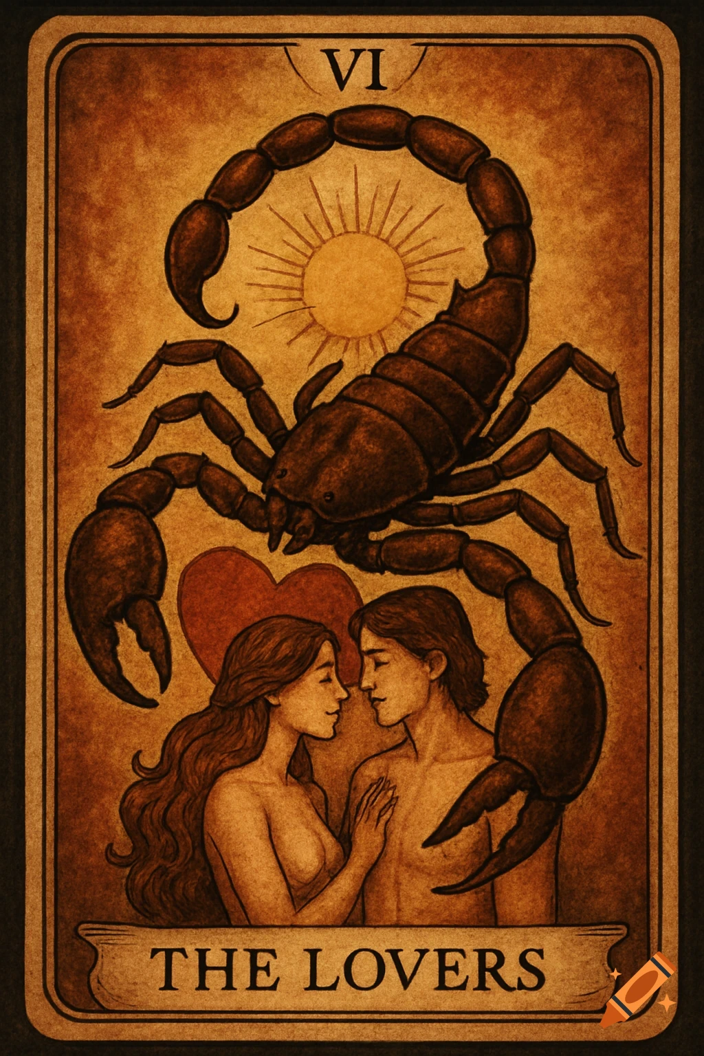 A tarot card featuring a large scorpion above a couple, with a heart and sun. Text reads 'VI THE LOVERS'.