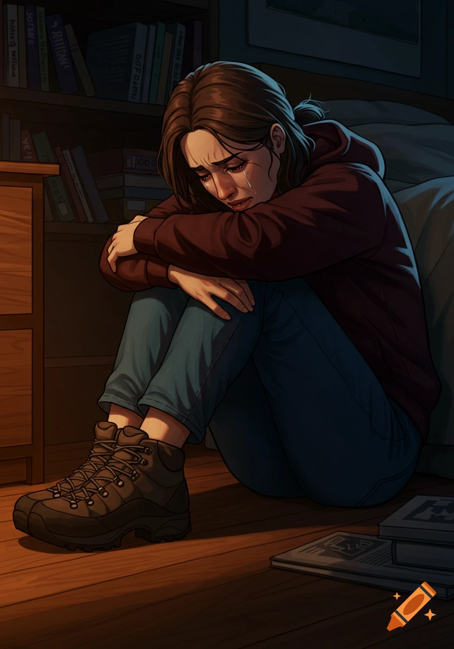 Illustration of a woman crying on the floor by a bookshelf