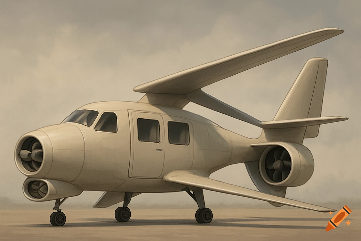 A cream-colored stylized aircraft with dual front propellers, rear engine, and unusual wing placement on a runway.