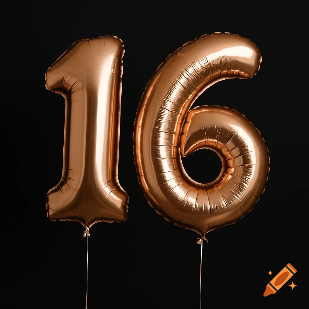 Two rose gold foil balloons shaped like the number 16 floating against a black background.