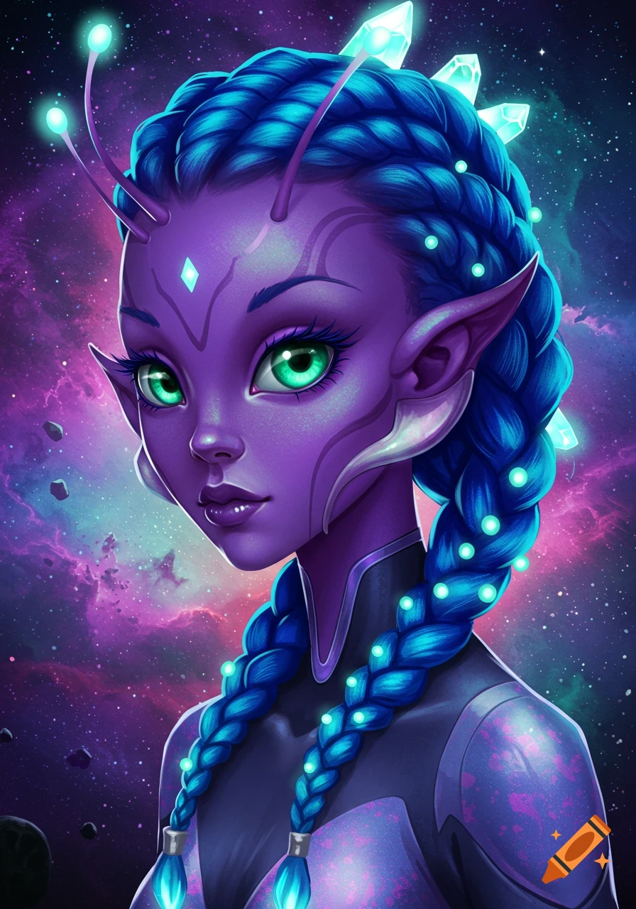 Portrait of a stylized purple-skinned alien girl with green eyes and blue braided hair against a starry space background.