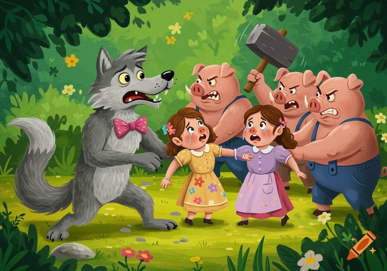 Cartoon illustration of a wolf and two crying girls threatened by three angry pigs with a hammer in a forest clearing.