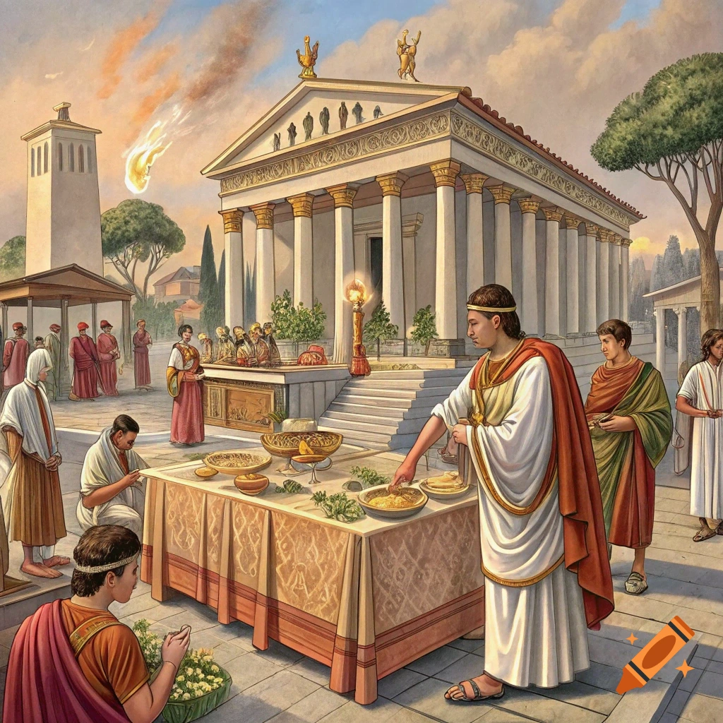 Illustration of Ancient Romans making offerings at a temple outdoors with a tower and fiery object in the sky.
