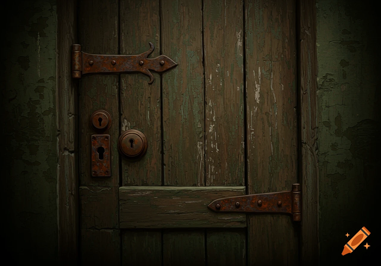 Close-up of an old, weathered green wooden door with rusty hinges and locks.