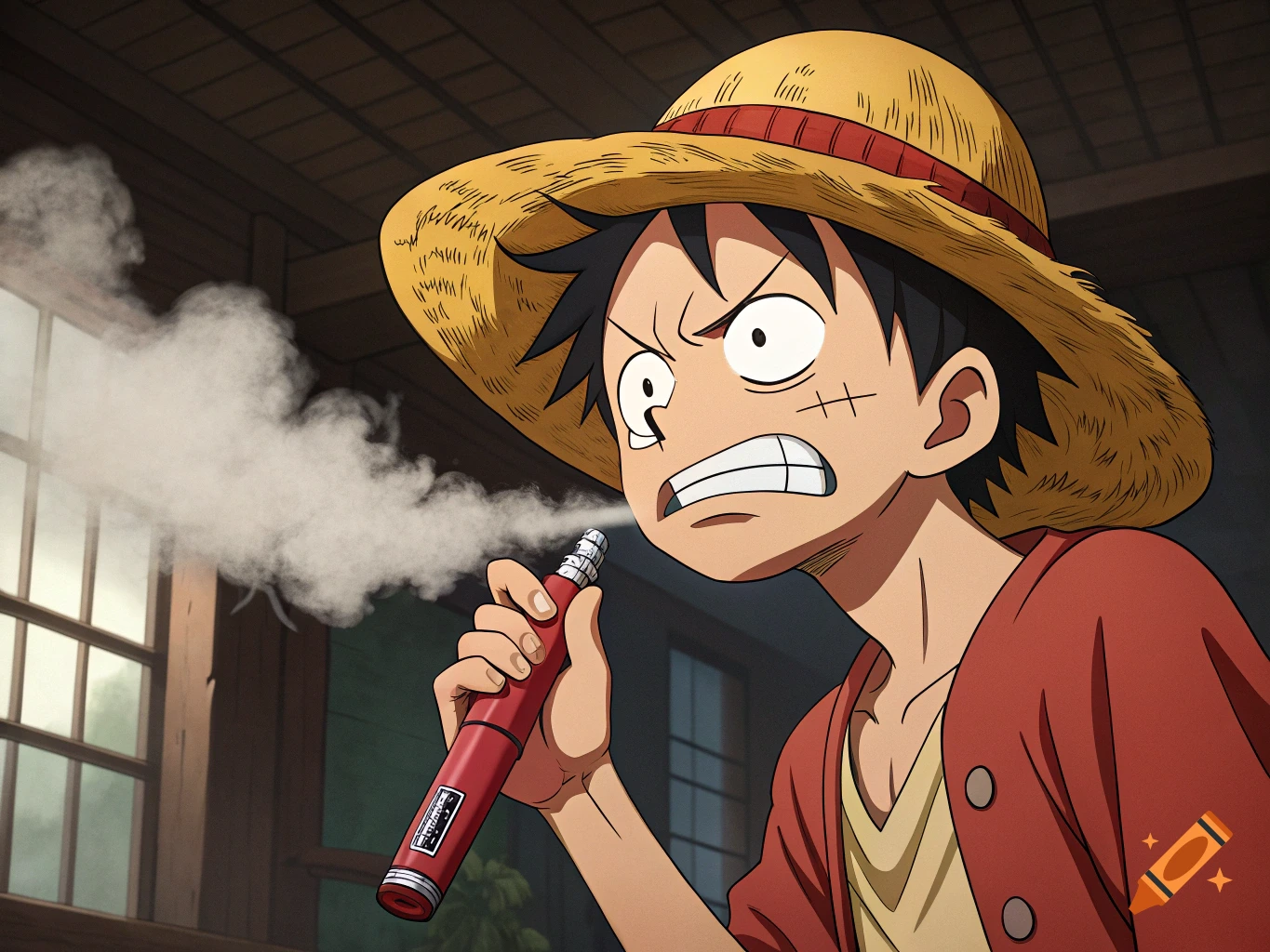 Anime character Luffy in straw hat and red shirt angrily smoking a red vape  indoors on Craiyon, image size:1365x1024
