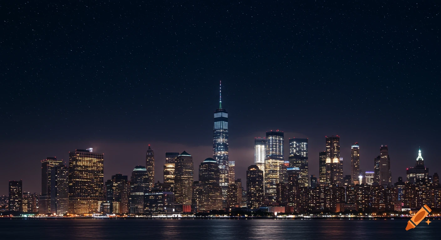 New York City skyline lit up at night with stars overhead