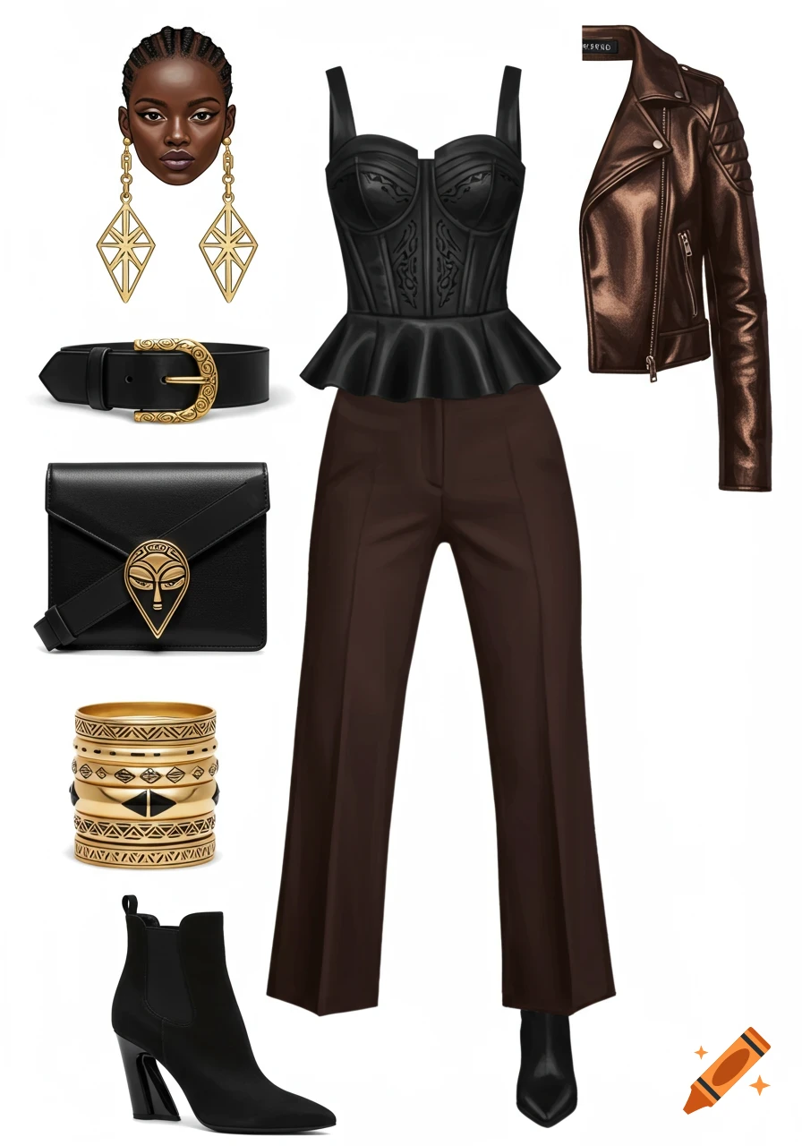 Fashion flat lay: black corset, brown trousers, bronze jacket, black boots, bag, belt, gold jewelry, head with braids & makeup.