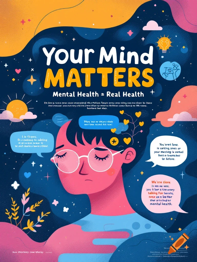 A stylized poster with the title 'Your Mind Matters Mental Health = Real Health', showing a person surrounded by abstract shapes and stars.