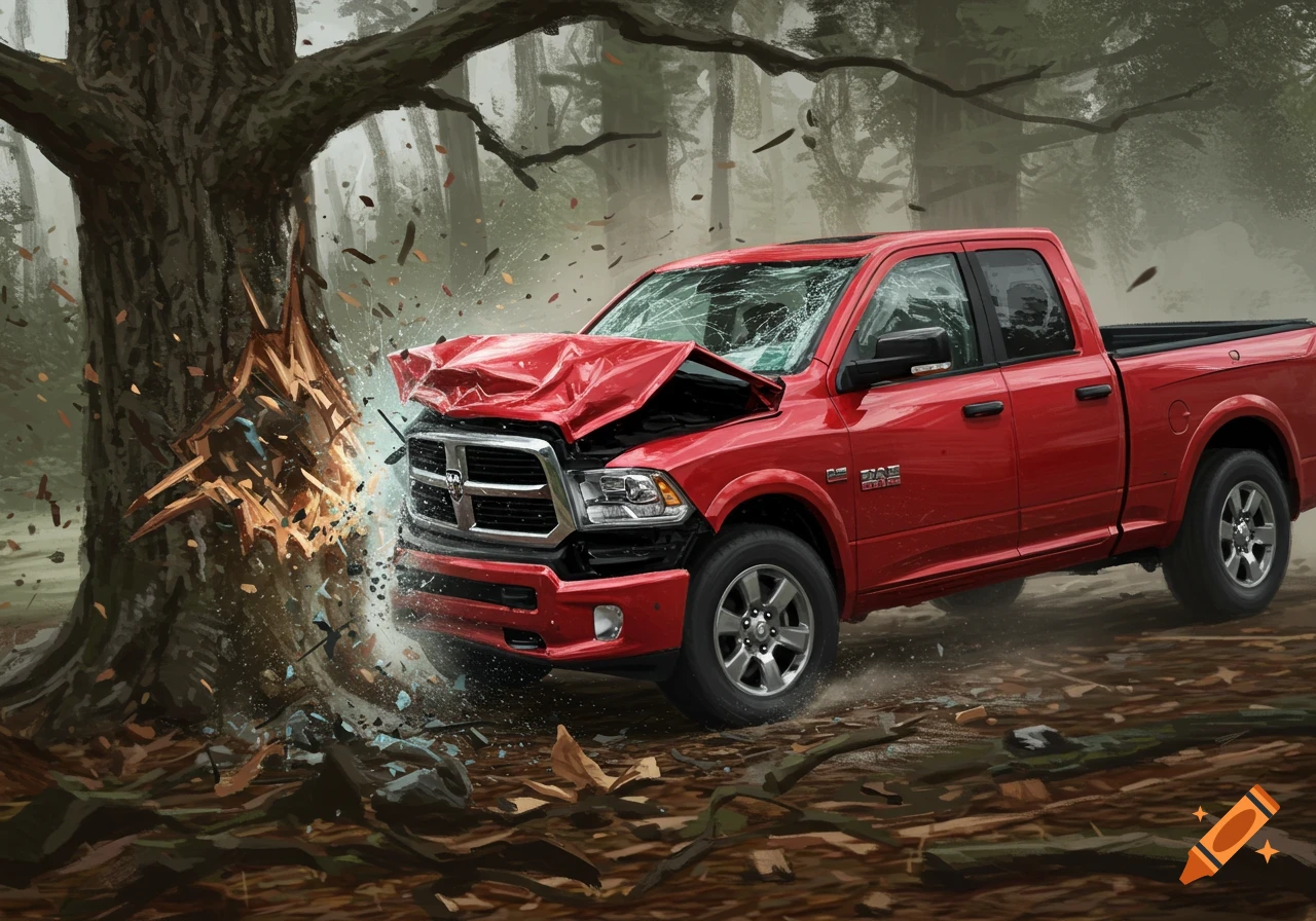 A red truck crashed into a tree in a forest, illustrated.
