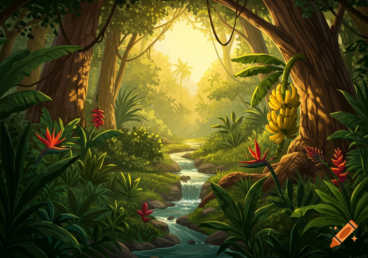 Detailed illustration of a lush tropical rainforest landscape with a stream, sunlight filtering through trees, and banana bunches