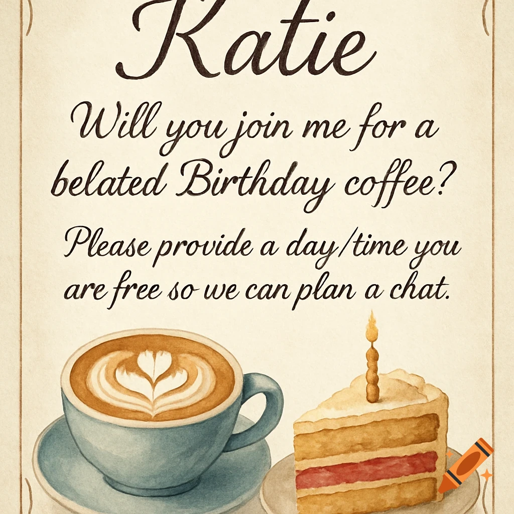 A watercolor invitation with text, a cup of coffee, and a slice of birthday cake.