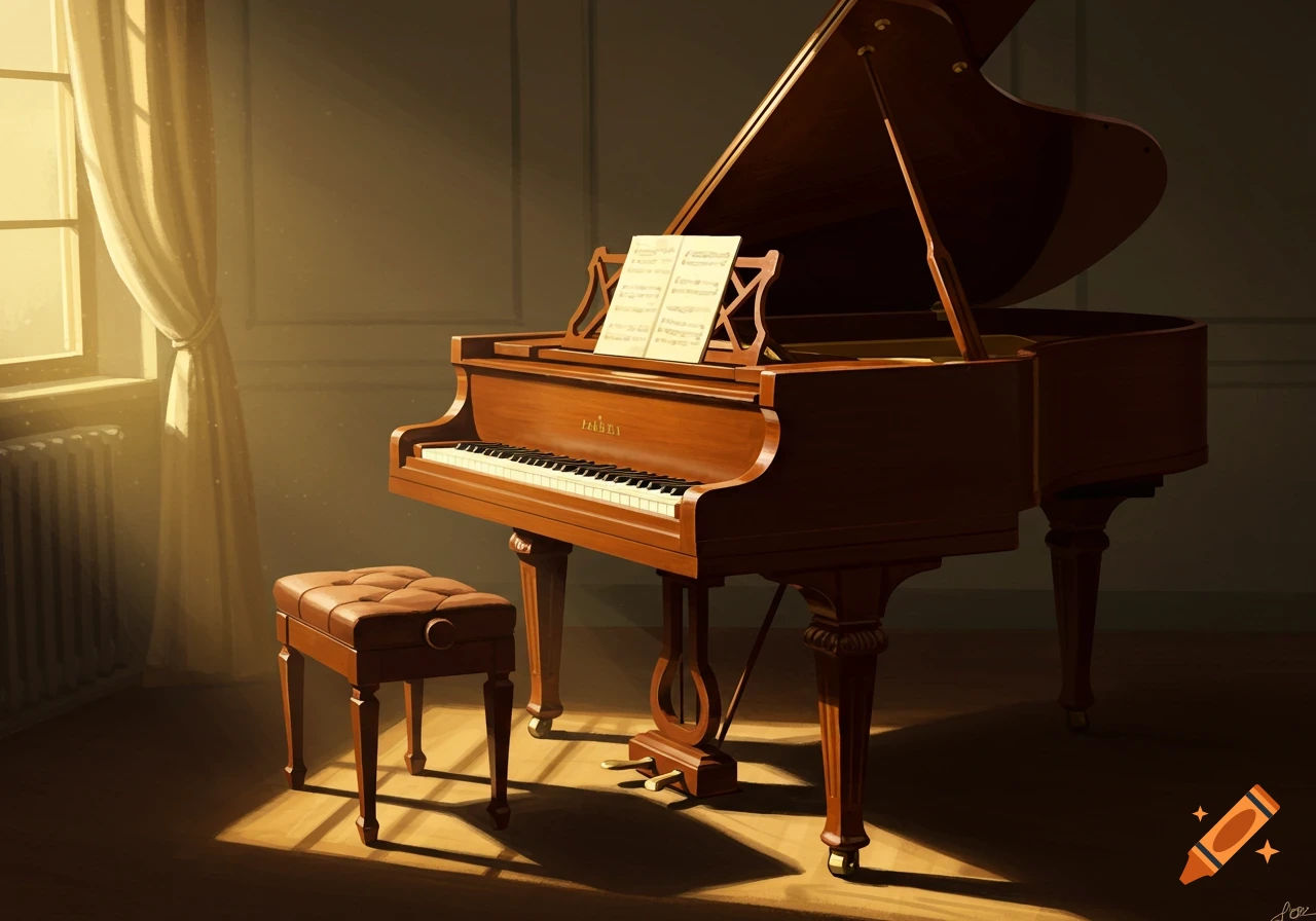 A grand piano and stool sit in a sunlit room near a window, with sheet ...