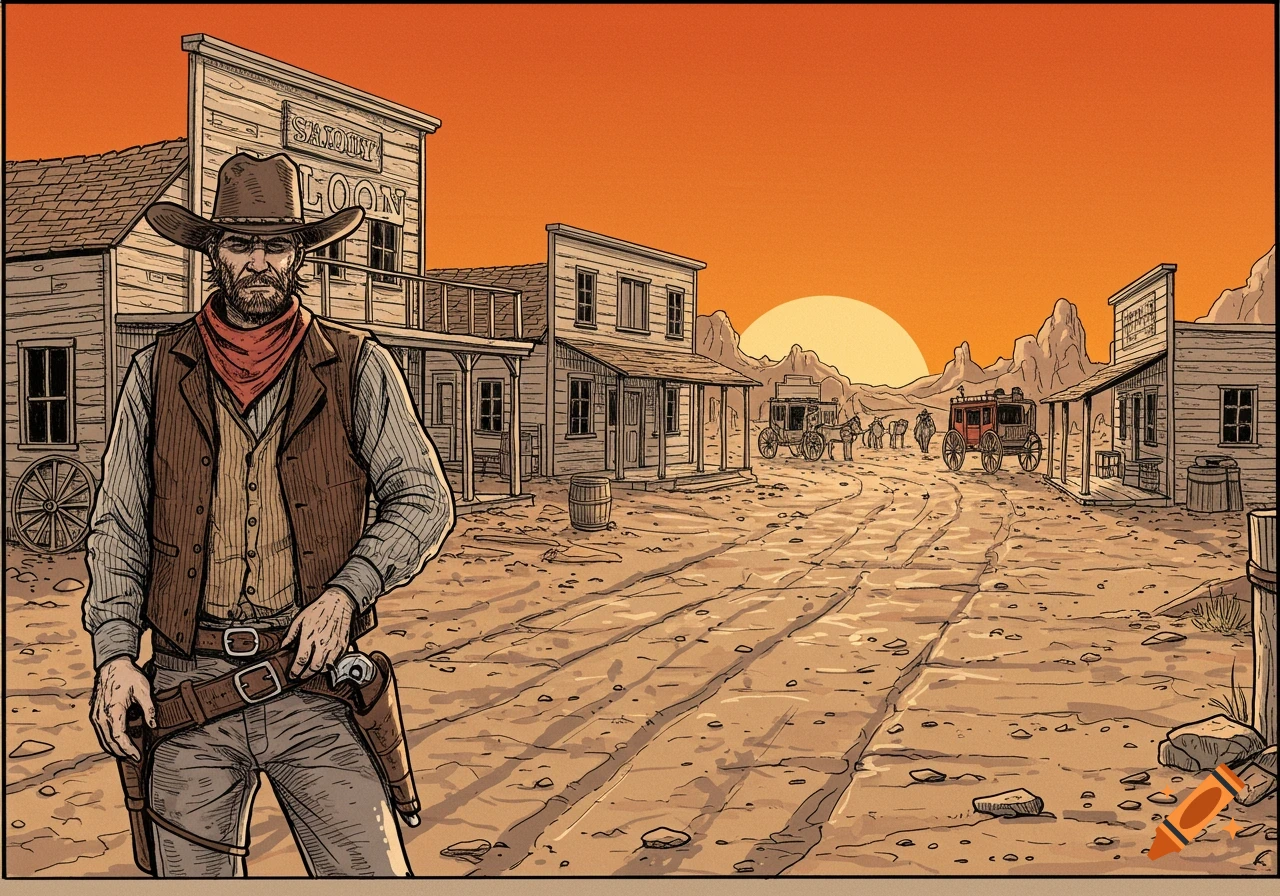 A line drawing of a cowboy standing in an old west town at sunset.
