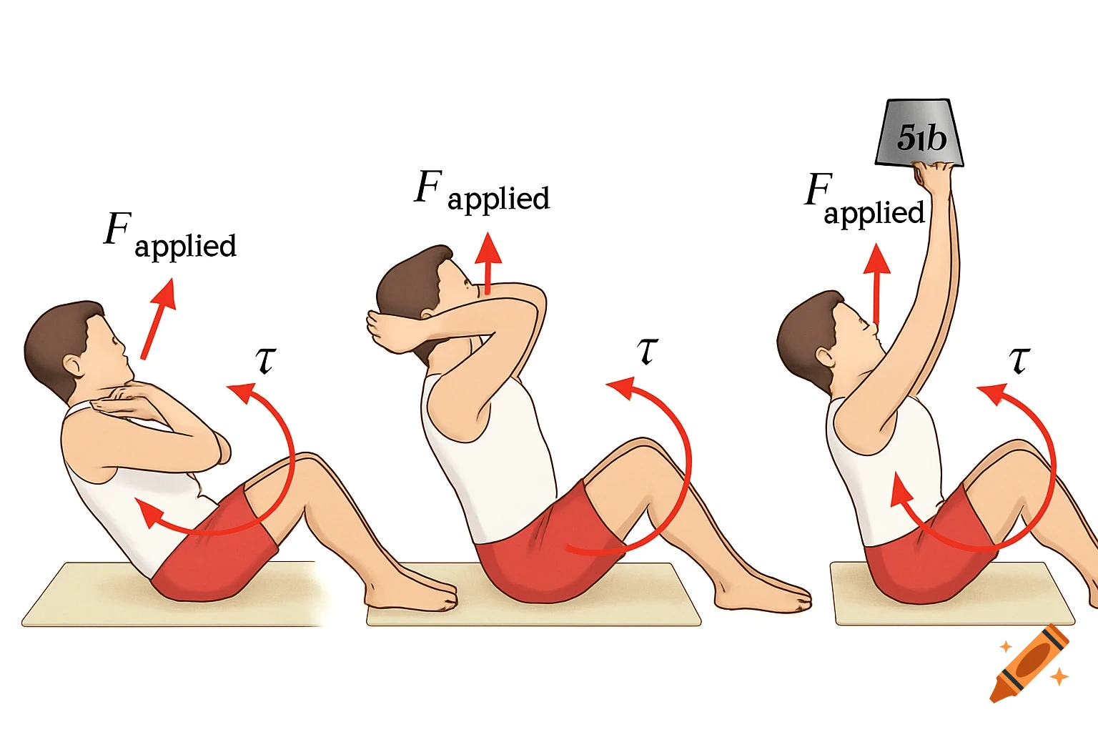 Illustration of curl-up exercise showing applied force and torque, with 5lb weight.