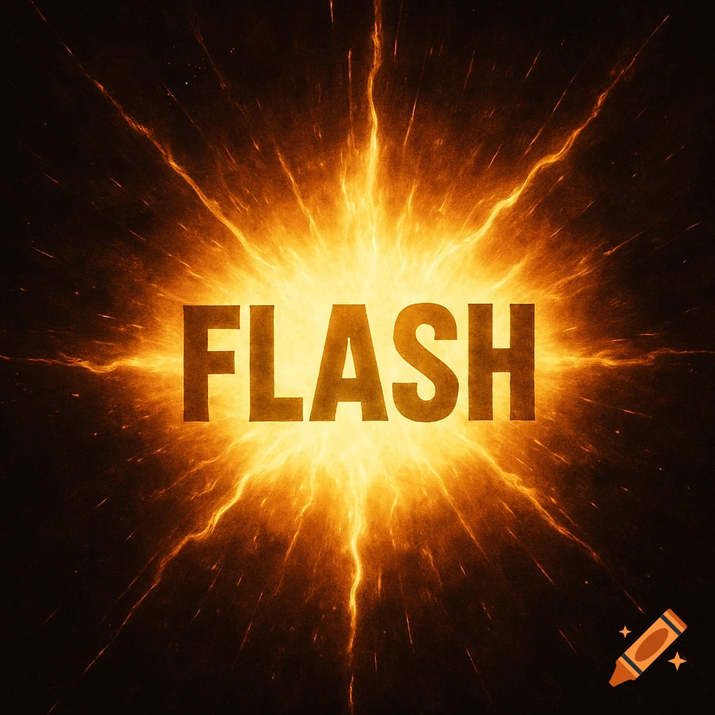 The word 'FLASH' in large glowing yellow and orange text centered in a bright explosion of light against a dark background.