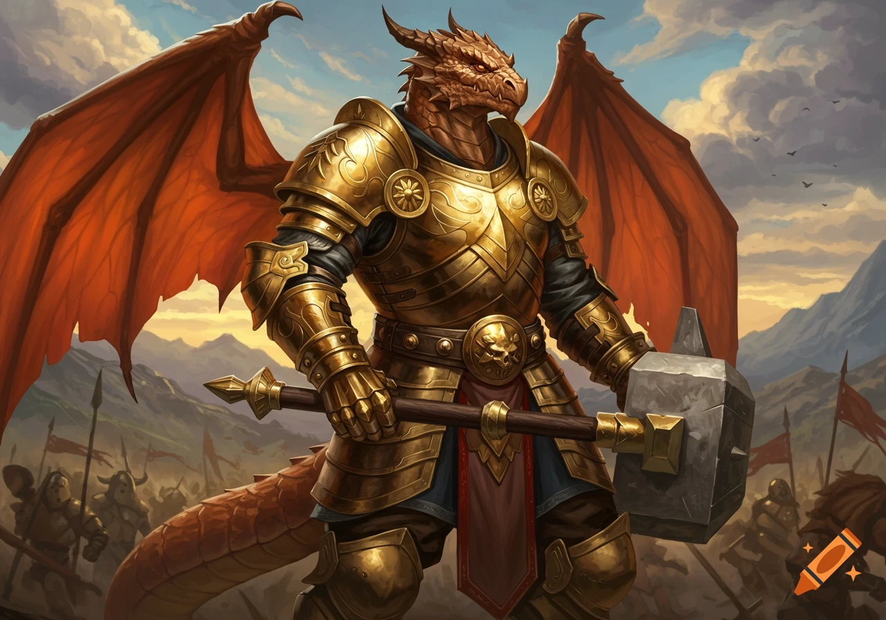 A dragonborn warrior in golden armor stands holding a large hammer on a battlefield.